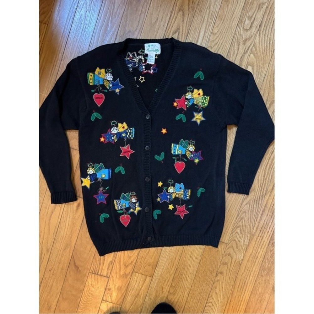The Quacker Factory 90s Embroidered Christmas Angels Sweater Cardigan S Holiday
